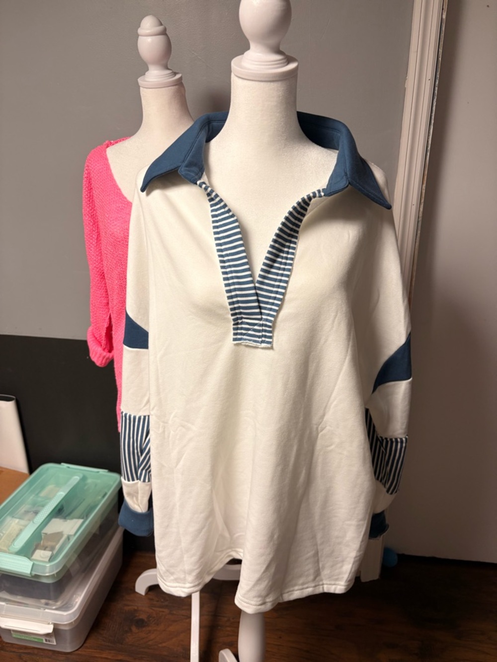 Women's Long Sleeve Rugby Pullover - White with Blue Accents